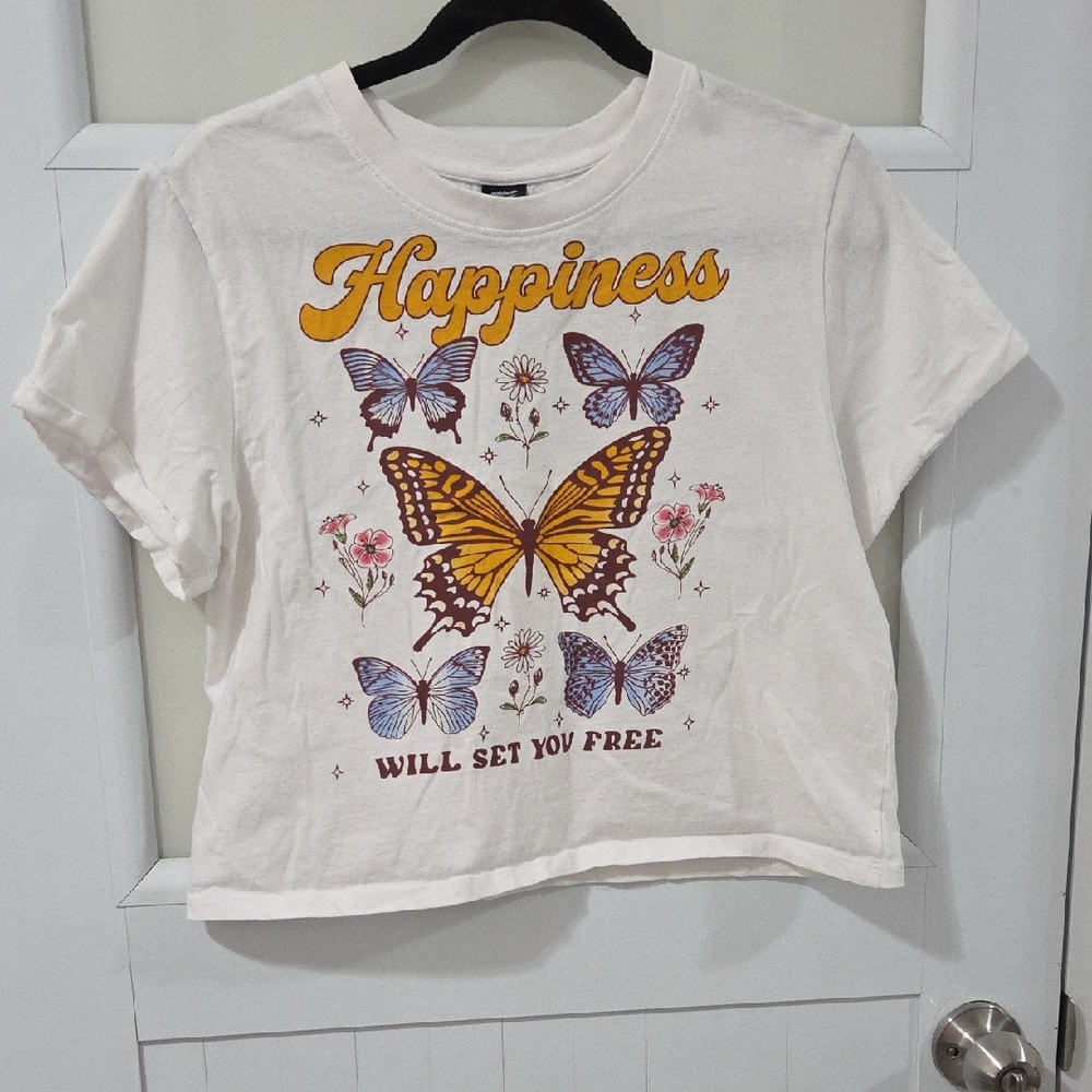 White Graphic Large Tee with Butterfly Design
